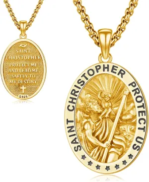 St Christopher Necklace Mens, 925 Sterling Silver for Traveler Patron Saint Christopher Medal Pendant Necklace for Women Father Brother Amulet Religious Jewelry Gifts