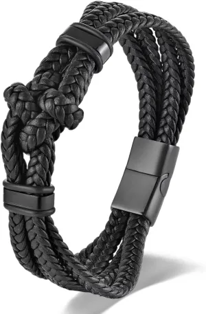Stainless Steel Double Nautical Marine Anchor/Link Chain Charm/Friendship Knot Black Leather Bangle Bracelet for men, Mininalist Style