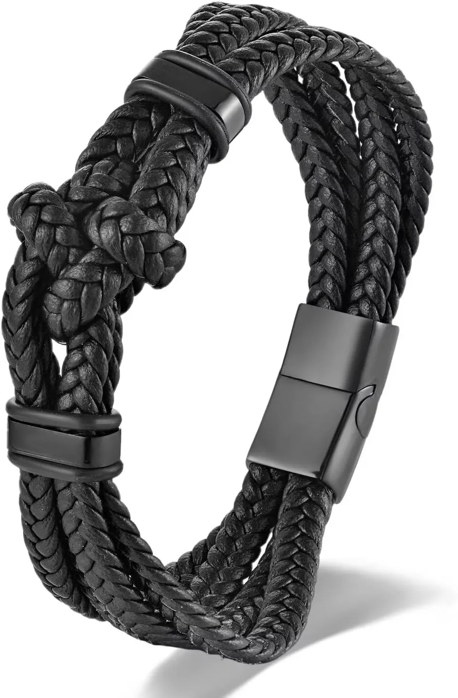 Stainless Steel Double Nautical Marine Anchor/Link Chain Charm/Friendship Knot Black Leather Bangle Bracelet for men, Mininalist Style