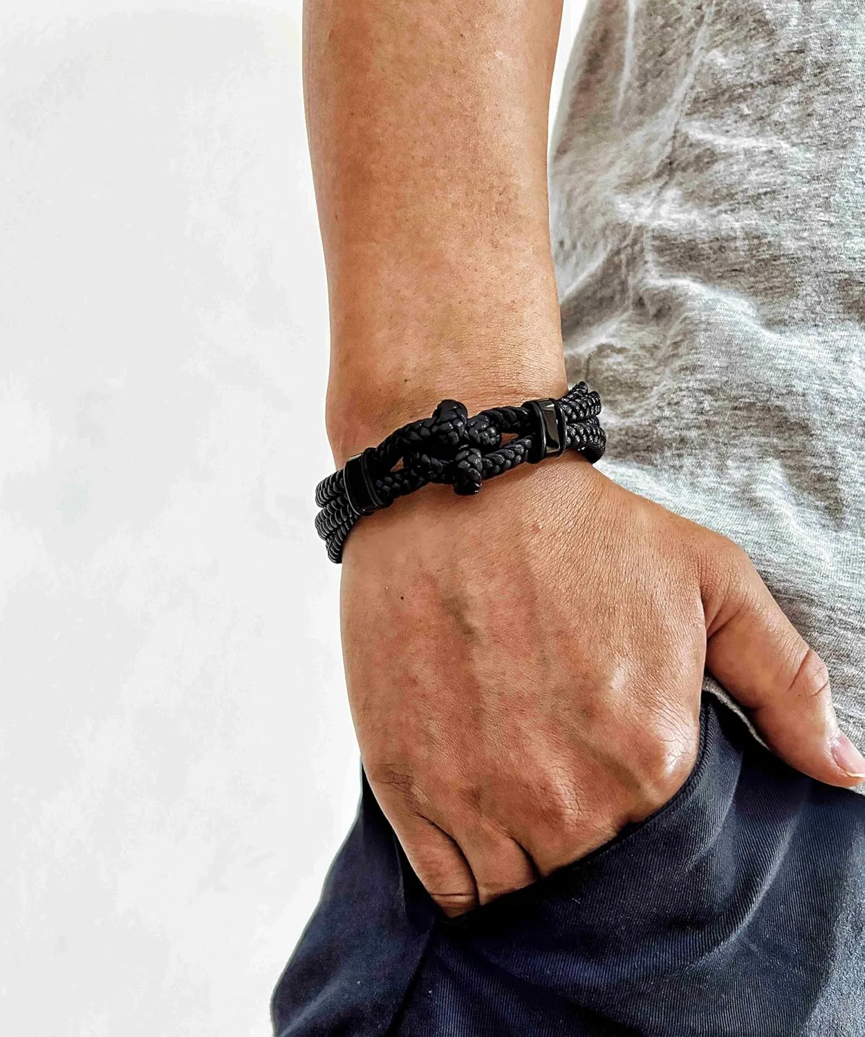 Stainless Steel Double Nautical Marine Anchor/Link Chain Charm/Friendship Knot Black Leather Bangle Bracelet for men, Mininalist Style