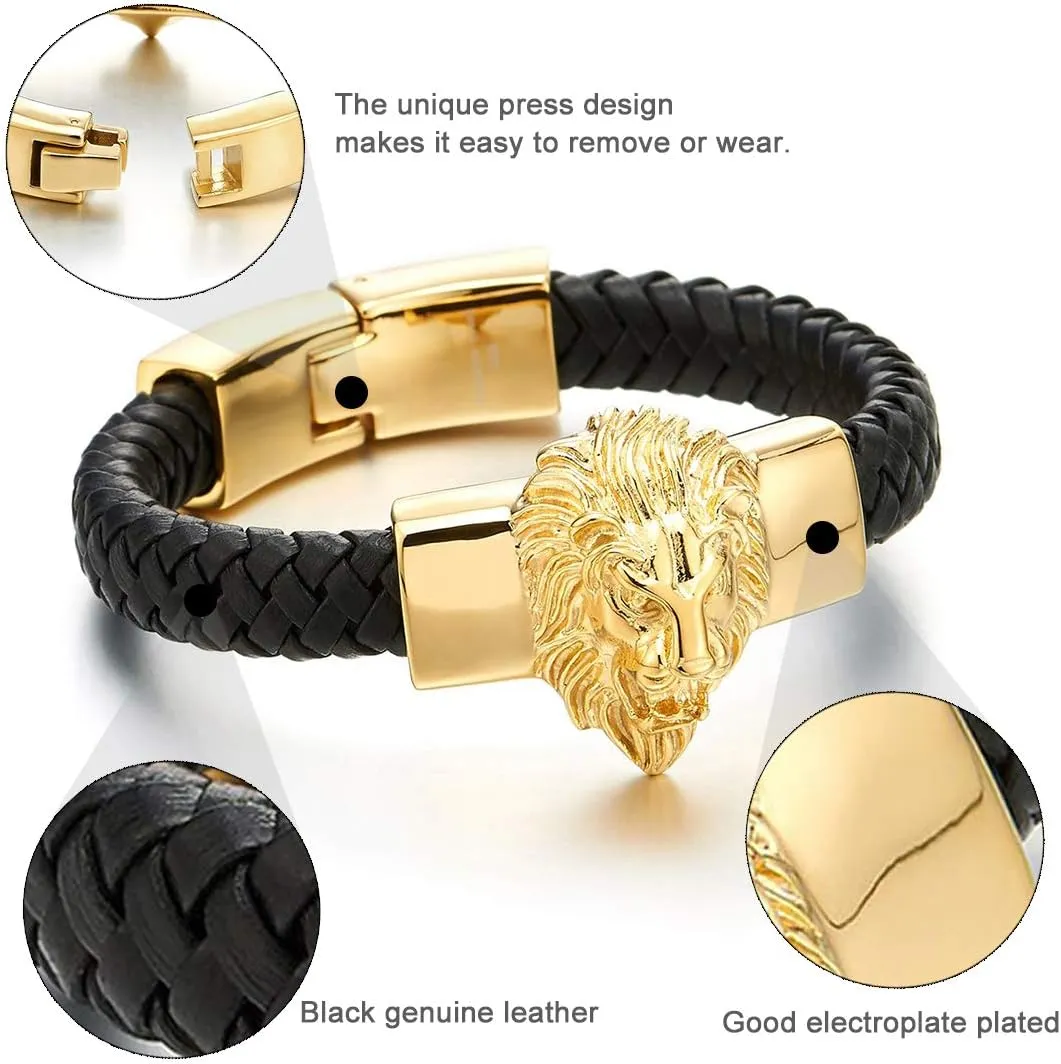 Stainless Steel Mens Lion Wolf Head Charm Chain Bracelet with Black Genuine Braided Leather