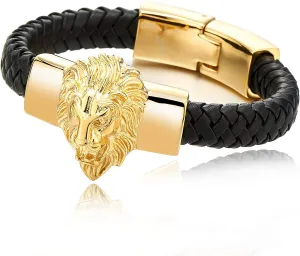 Stainless Steel Mens Lion Wolf Head Charm Chain Bracelet with Black Genuine Braided Leather