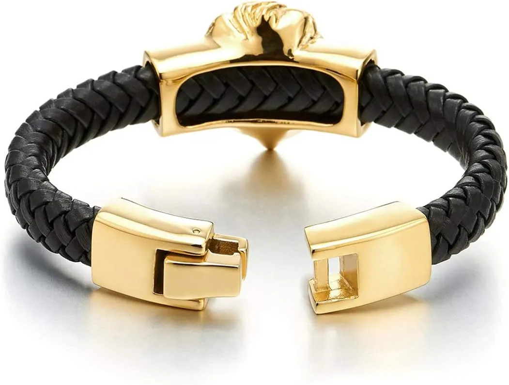 Stainless Steel Mens Lion Wolf Head Charm Chain Bracelet with Black Genuine Braided Leather