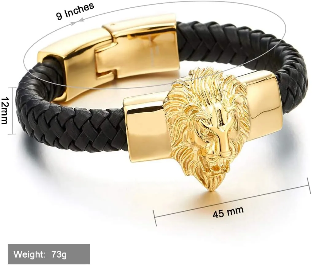 Stainless Steel Mens Lion Wolf Head Charm Chain Bracelet with Black Genuine Braided Leather