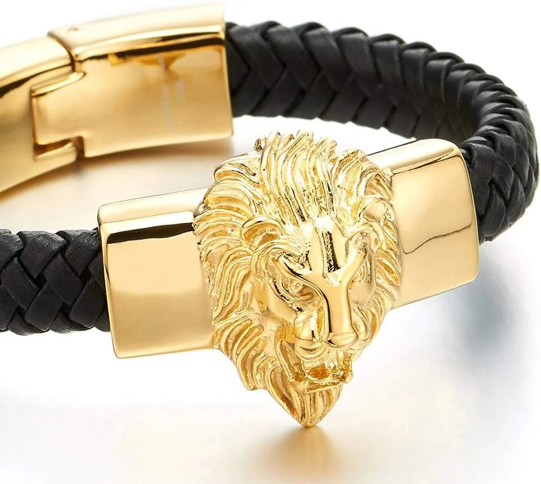 Stainless Steel Mens Lion Wolf Head Charm Chain Bracelet with Black Genuine Braided Leather