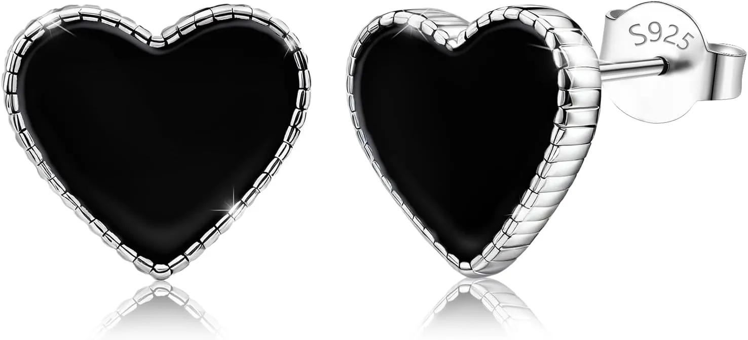 Sterling Silver Black Heart Earrings - Hypoallergenic Minimalist Love Heart-Shaped Earrings for Sensitive Ears - Ideal for Birthdays & Valentine's Day