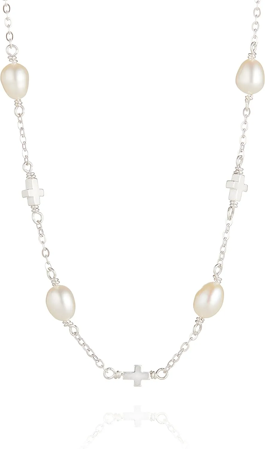 Sterling Silver Cross & Pearl Necklace For Girls and Women. Dainty Teen Jewelry Present For Holy Communion, Flower Girl Gift, Birthday, Sweet 16