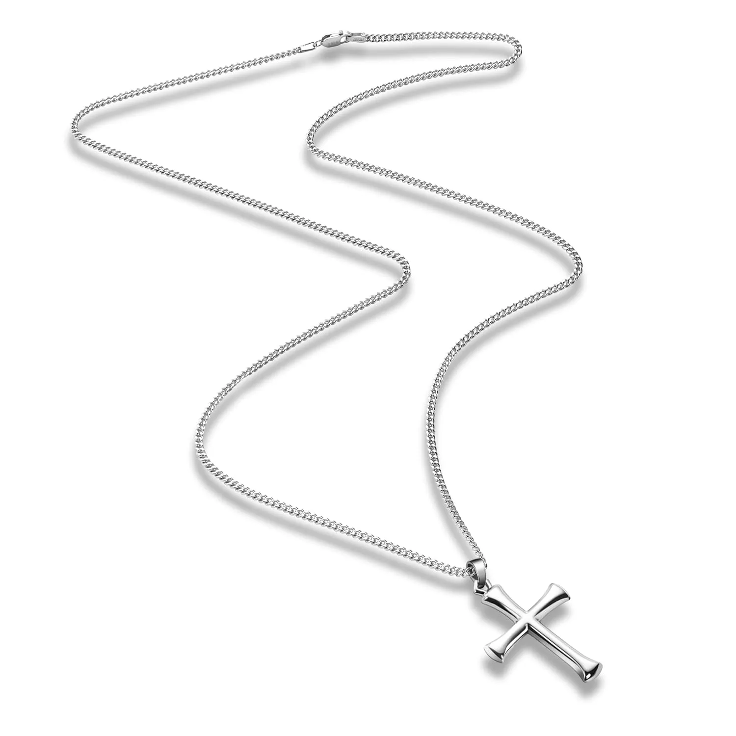 Sterling Silver Cross Necklace for Men Women 925 Sterling Silver Cross Pendant With 2mm Sterling Silver Curb Cuban Chain Necklace Handmade Cross Jewelry Religious Gift (Length 20 Inches)
