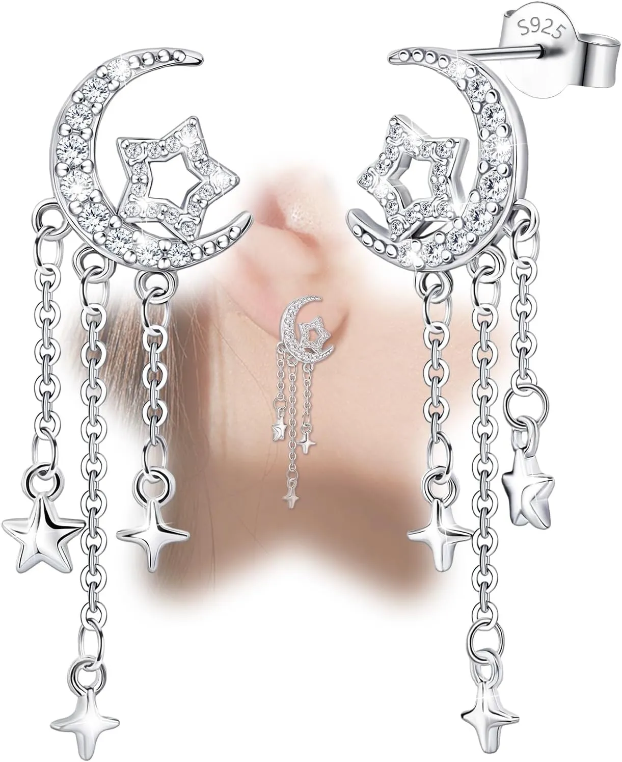 Sterling Silver Earrings Dangle Stud Charms Hypoallergenic Fashion Jewelry Dainty CZ Star Moon with Chain Birthday Gift for Women