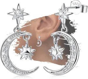 Sterling Silver Earrings for Women Dangle Hoop Charms Hypoallergenic Fashion Jewelry Dainty CZ Star Moon Birthday Gift