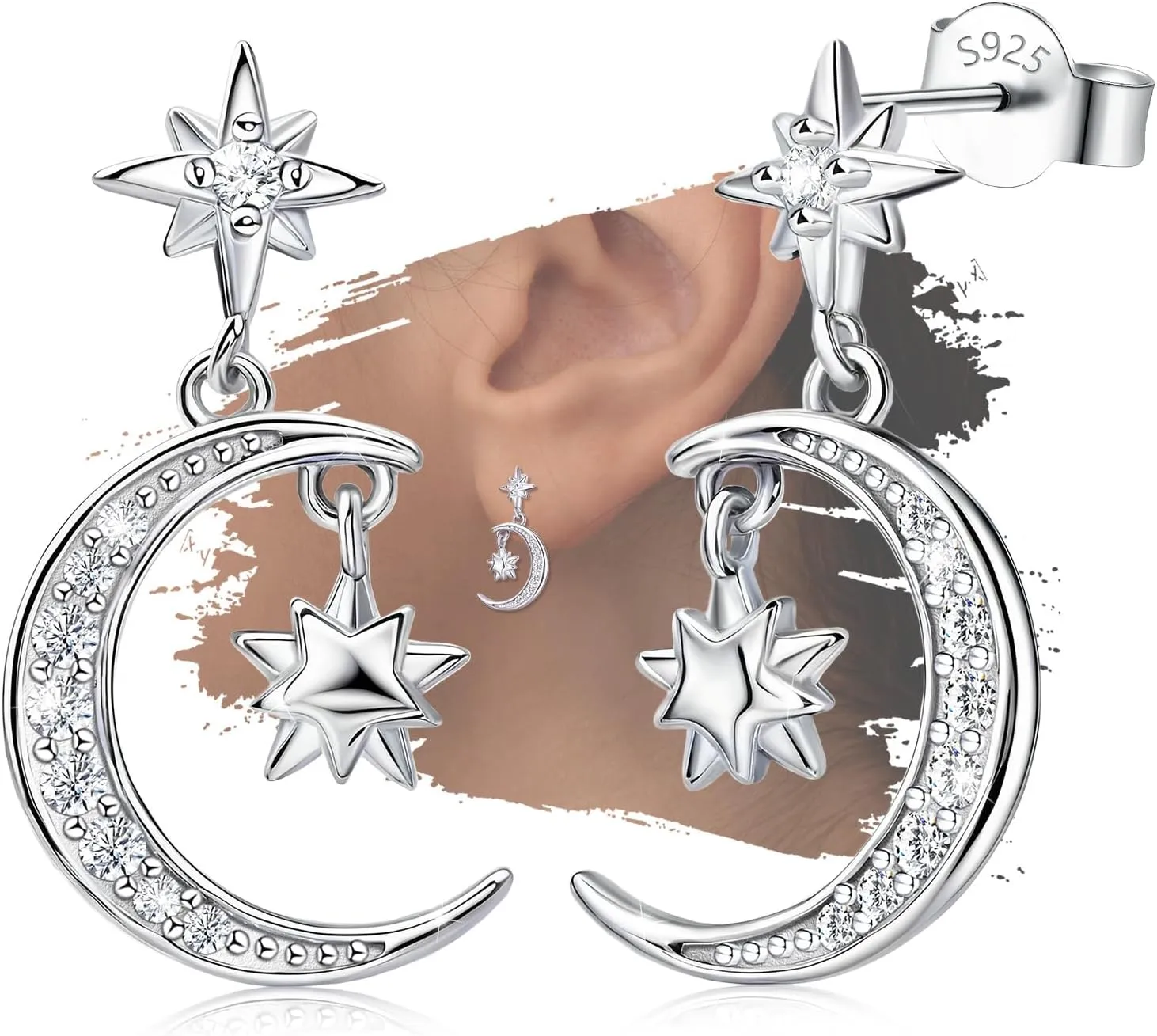 Sterling Silver Earrings for Women Dangle Hoop Charms Hypoallergenic Fashion Jewelry Dainty CZ Star Moon Birthday Gift