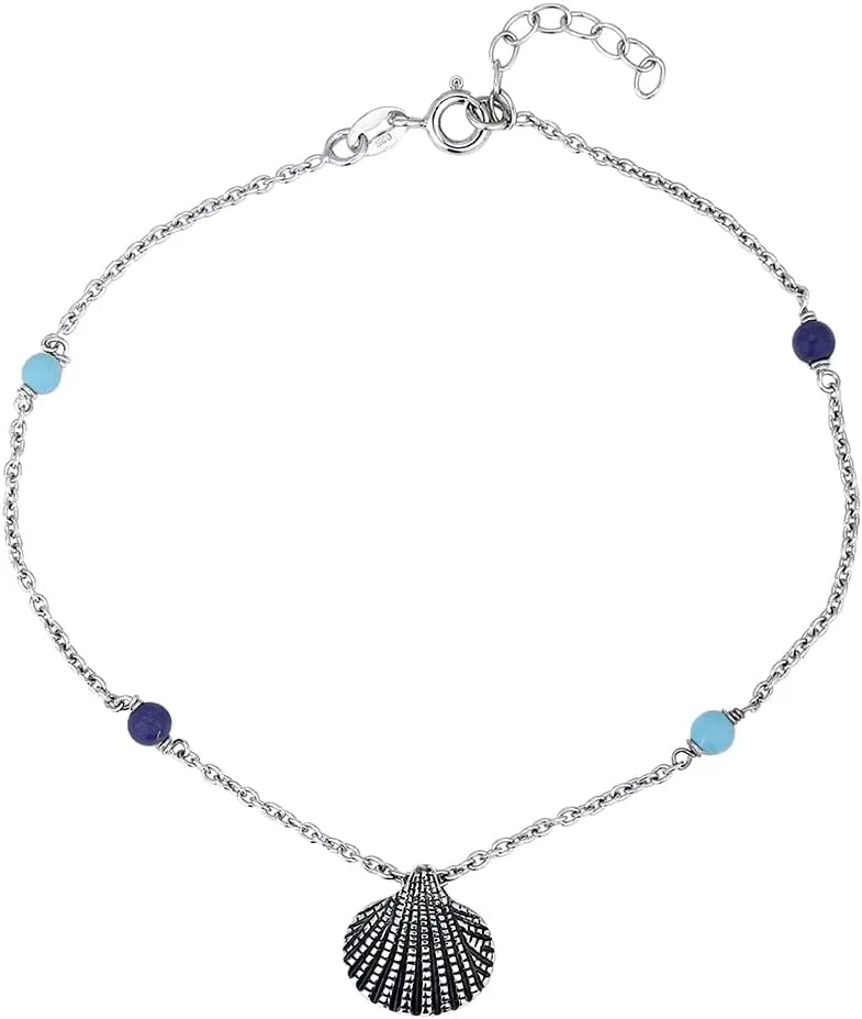 Sterling Silver Jewelry - Rhodium Plated 925 Stamp - Sea Shell Charm and Beads Anklet - Elegant Stylish Beautifully Designed for Women - 9" Long   1" Extender