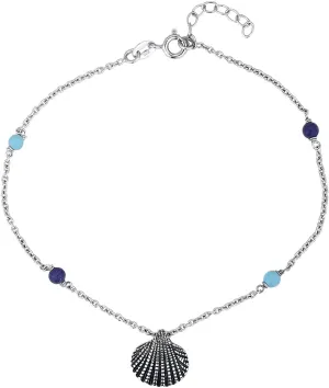 Sterling Silver Jewelry - Rhodium Plated 925 Stamp - Sea Shell Charm and Beads Anklet - Elegant Stylish Beautifully Designed for Women - 9" Long   1" Extender