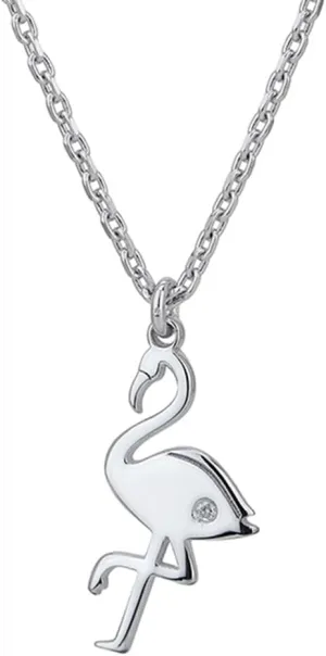 Sterling Silver Jewelry - Rhodium Plated with 925 Stamp - Flamingo Pendant Necklace - White Natural Diamond - Elegant Handcrafted for Women - Chain 16" long   2" extender