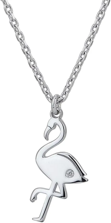 Sterling Silver Jewelry - Rhodium Plated with 925 Stamp - Flamingo Pendant Necklace - White Natural Diamond - Elegant Handcrafted for Women - Chain 16" long   2" extender