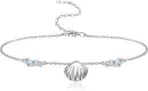 Sterling Silver Ocean Anklet for Women Seashell Starfish Whale Ankle Bracelet With CZ Sea Animal Summer Beach Stylish Summer Holiday Jewelry Gift for Ocean Lovers