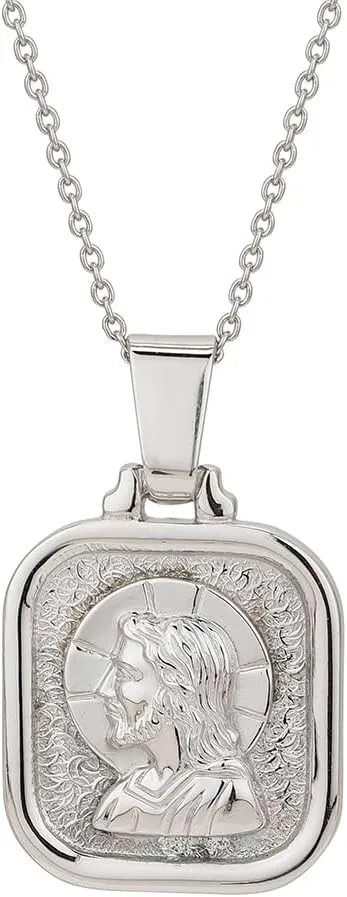 Sterling Silver - Rhodium Plated with 925 Stamp - Jesus Medal Pendant Necklace - Elegant Handcrafted Necklace for Men and Women - 18" Long   2" Extender