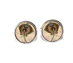 Stingray Ocean Beach Nature Nautical Handmade ROUND Glass Metal Cuff LInks Cufflinks Gift for Him (Silver Plated)