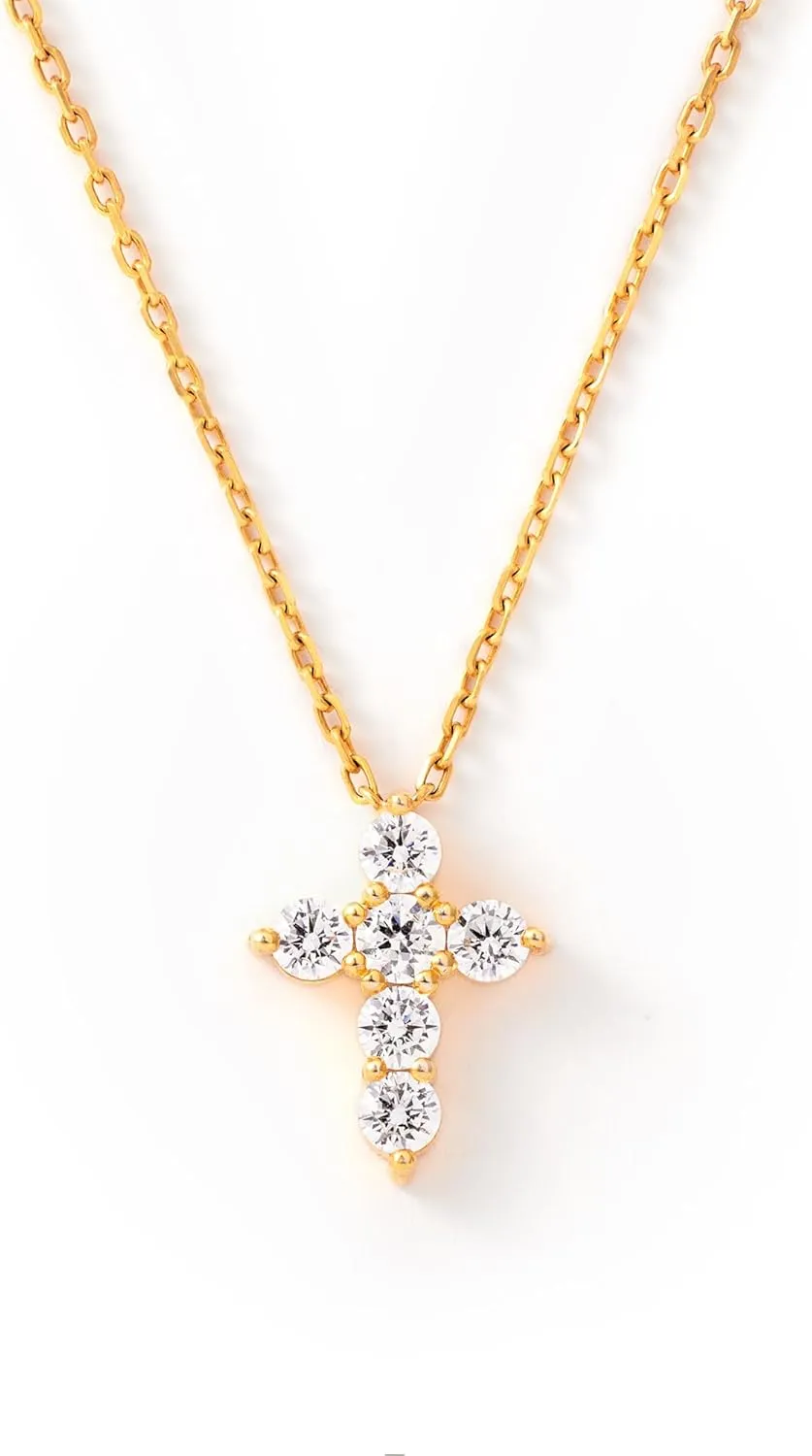 STORYJEWELLERY 925 Sterling Silver Small Cross Necklace for Women, Dainty 18K Gold Plated Cubic Zirconia Charm Necklaces, Non Tarnish Gold Cross Pendant, Christian Jewelry, Religious Gifts for Women