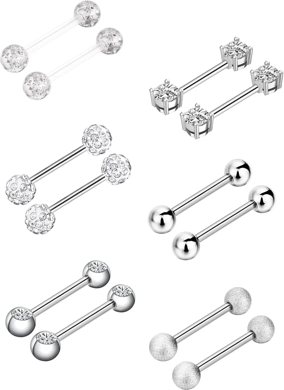 Sumind 6 Pairs Nipple Bars Surgical Stainless Steel Piercing Barbell Tongue Ring Cubic Zirconia Nipple Rings Body Piercing Jewelry, 14 Gauge