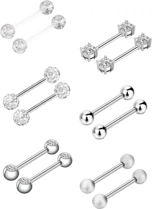 Sumind 6 Pairs Nipple Bars Surgical Stainless Steel Piercing Barbell Tongue Ring Cubic Zirconia Nipple Rings Body Piercing Jewelry, 14 Gauge