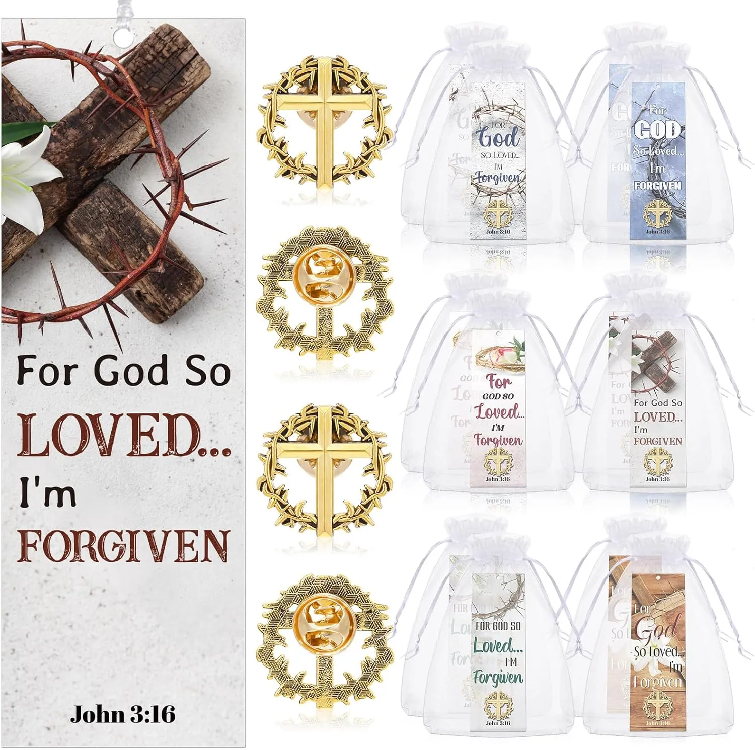 Supervitae 24 Pcs/12 Sets Crown of Thorns Lapel Pins with John 3: 16 Bookmark Include 12 Pcs Christian Cross Brooch Pin 12 Pcs for God So Loved Bookmarks for Religious Church Gift Sunday School