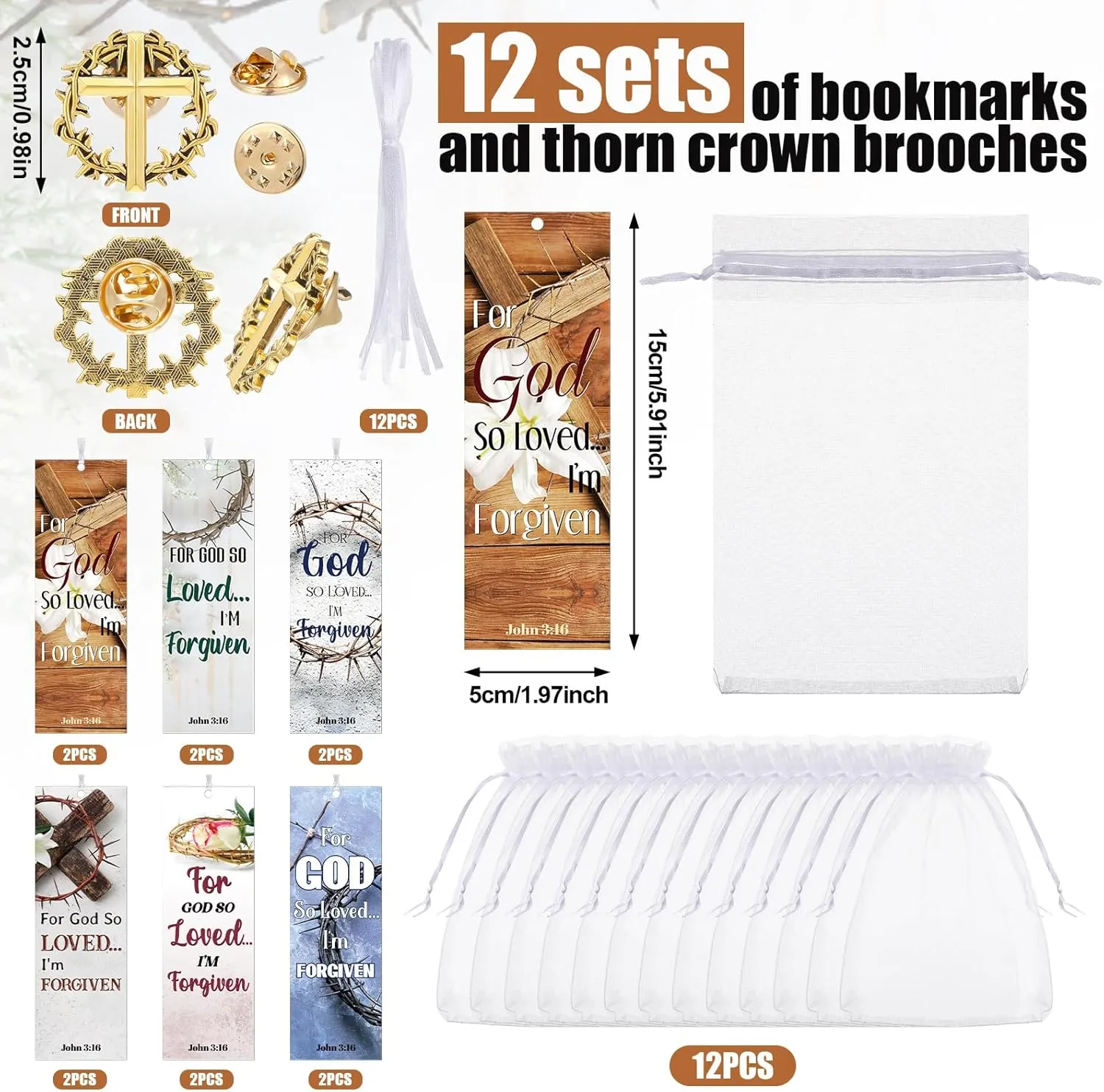 Supervitae 24 Pcs/12 Sets Crown of Thorns Lapel Pins with John 3: 16 Bookmark Include 12 Pcs Christian Cross Brooch Pin 12 Pcs for God So Loved Bookmarks for Religious Church Gift Sunday School