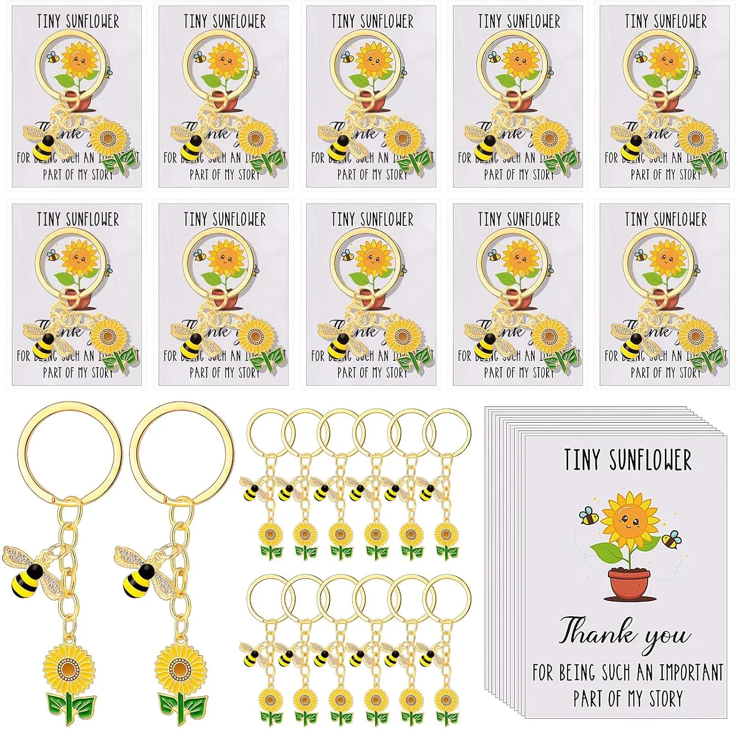 Sureio 12 Set End of Year Gifts Bulk Sunflower Keychain Gifts with Bee Thank You Cards and Bags Employee Nurse Coworker Teacher Cna Summer Baby Shower Party Favor