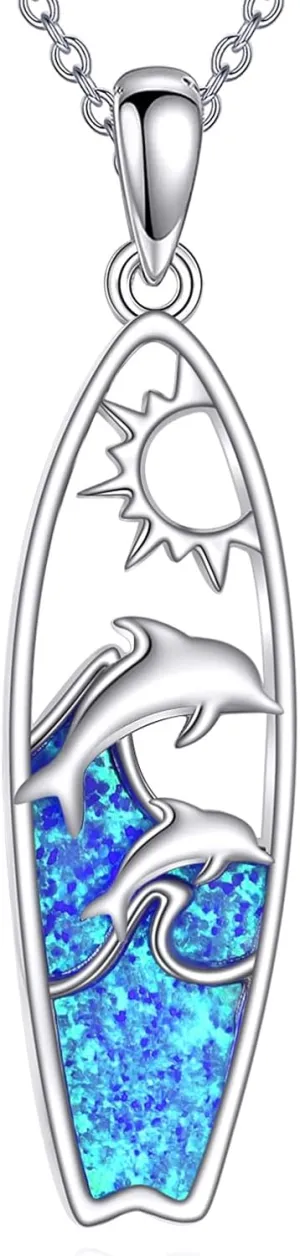 Surfboard Opal Necklace Sterling Silver Dolphin Pendant Surf Jewelry Surfer Gift for Women Men