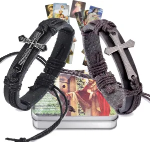 SZQCZB Leather Cross Bracelet for Teen Boy or Men with Metal Box and 18pcs Prayer Cards, Engraved Our Father Payers, Easter Christian Gift Ideas for Confirmation, Baptism, Christmas Stocking Stuffers