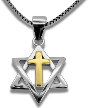 TALISMAN4U Small Sterling Silver Star of David with Gold Cross Messianic Necklace for Women Jewish Star and Cross Pendant Religious Jewelry Gift Box 18 Silver Chain