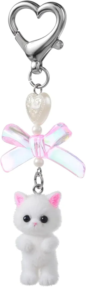 Teaaha Cute Pink Fuzzy Cat Keychain - Aesthetic Kitty Cat Decor Gifts Y2k Heart Bow Pendent Charm