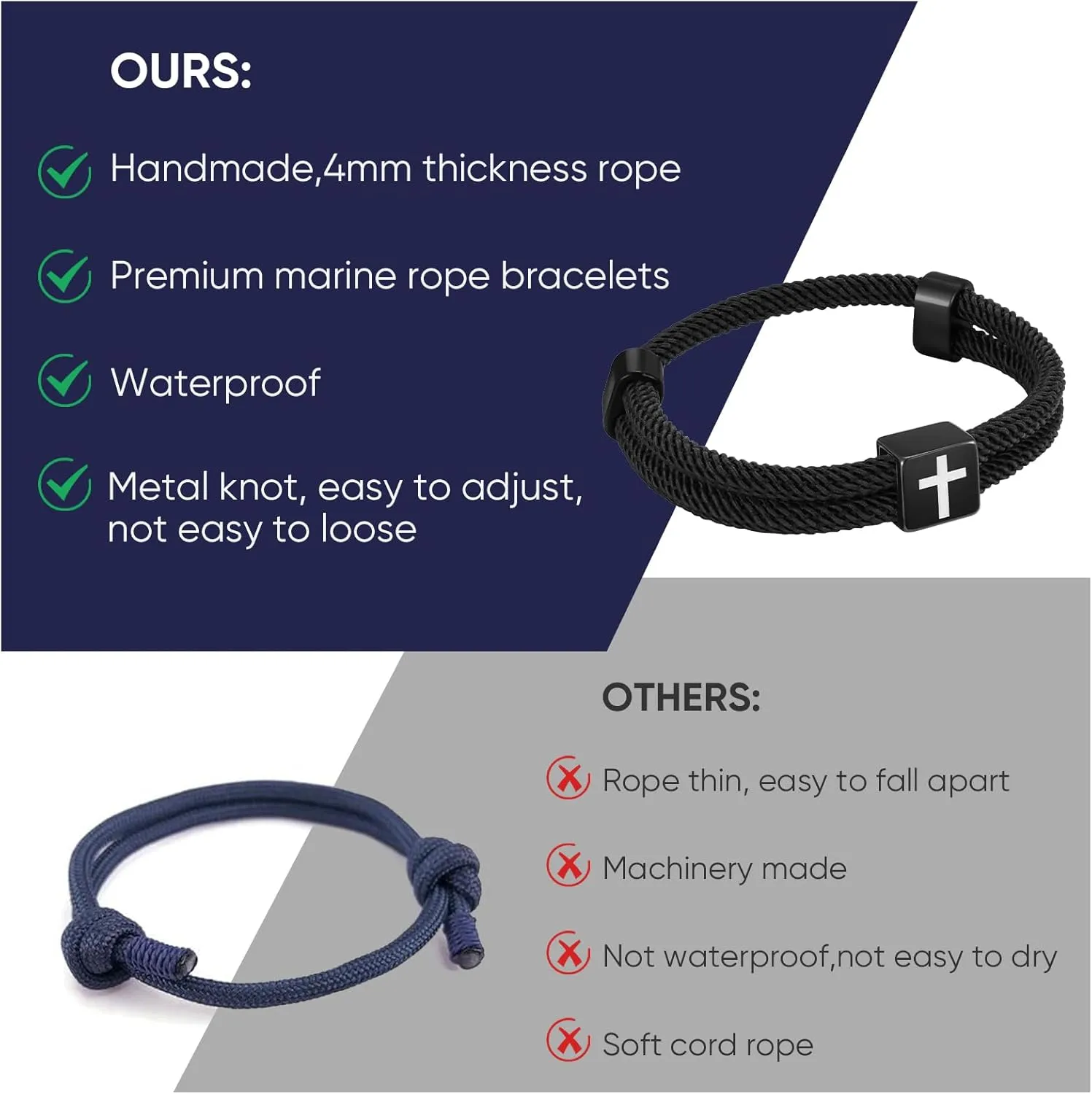 TempBeau Braided Men Rope Cross Bracelet - Adjustable Tree of Life Cord Surfing Bracelet, Handmade Nautical Navy Marine String Bracelet with Metal Knot, Easter Women Bracelets Gifts