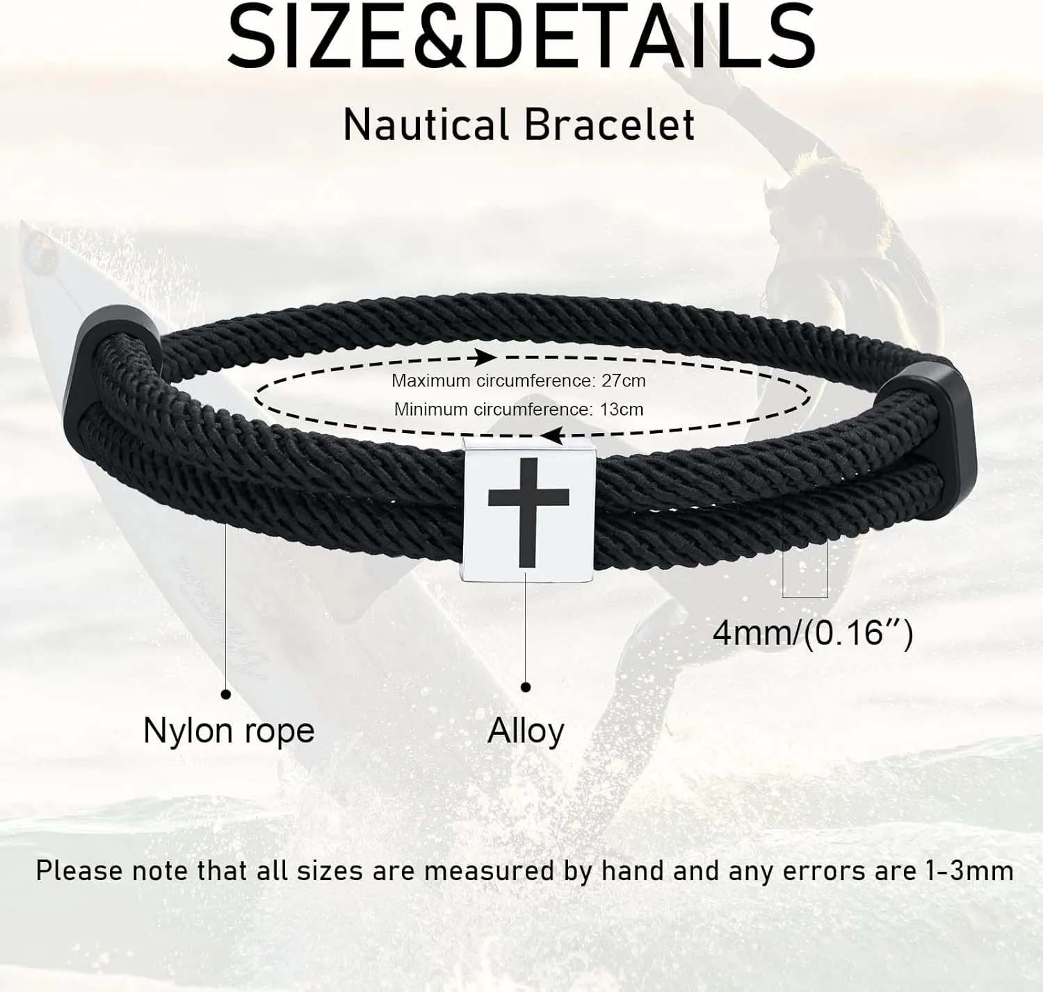 TempBeau Braided Men Rope Cross Bracelet - Adjustable Tree of Life Cord Surfing Bracelet, Handmade Nautical Navy Marine String Bracelet with Metal Knot, Easter Women Bracelets Gifts