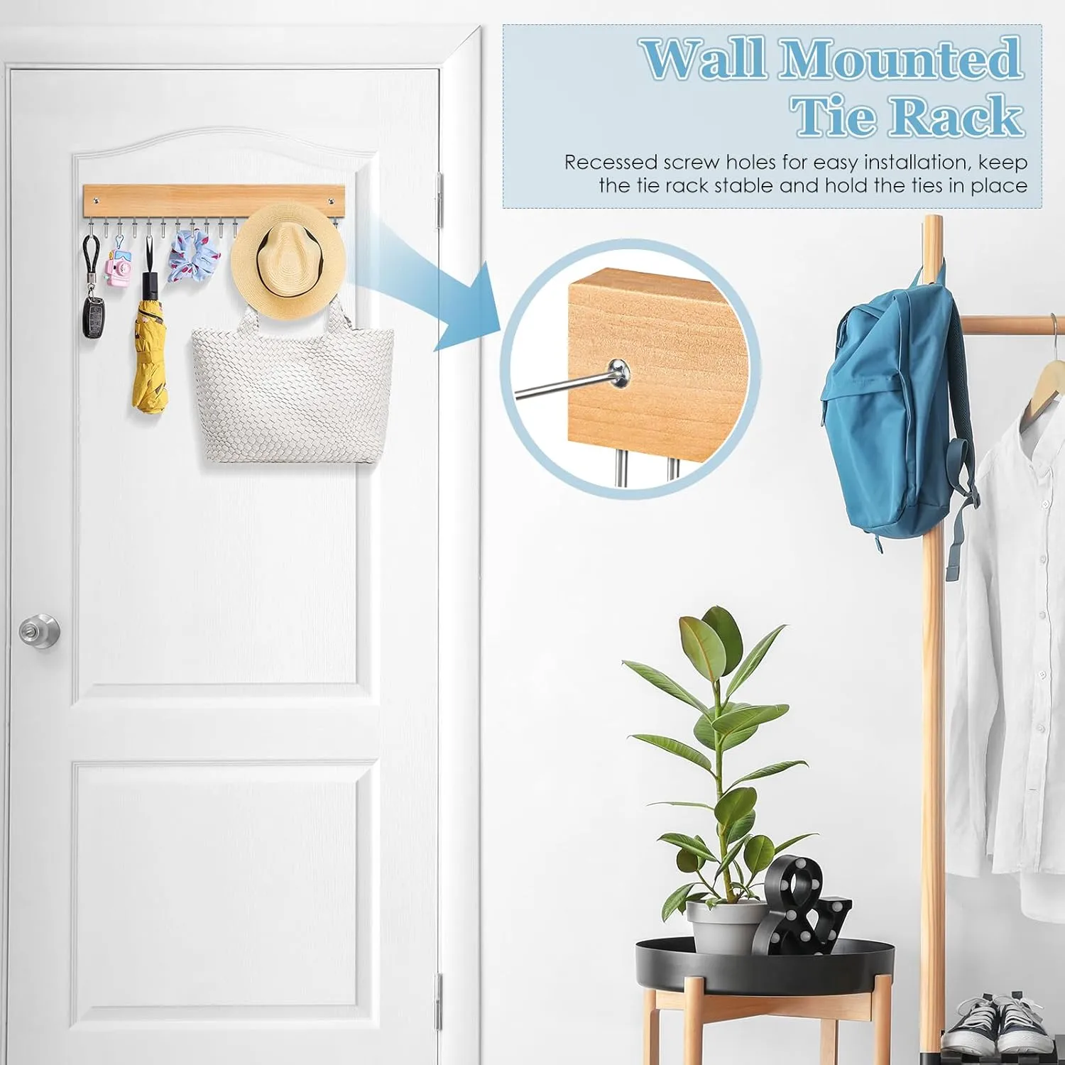 Tie Rack Belt Hanger Wall Mounted, Lomrsiul Non Slip 180 Degree Rotating Tie Organizer for Men Closet with 18 Hooks Closet Organizers and Storage for Tie Belt Necklace Purse Scarf Bag Natural 1 Pack