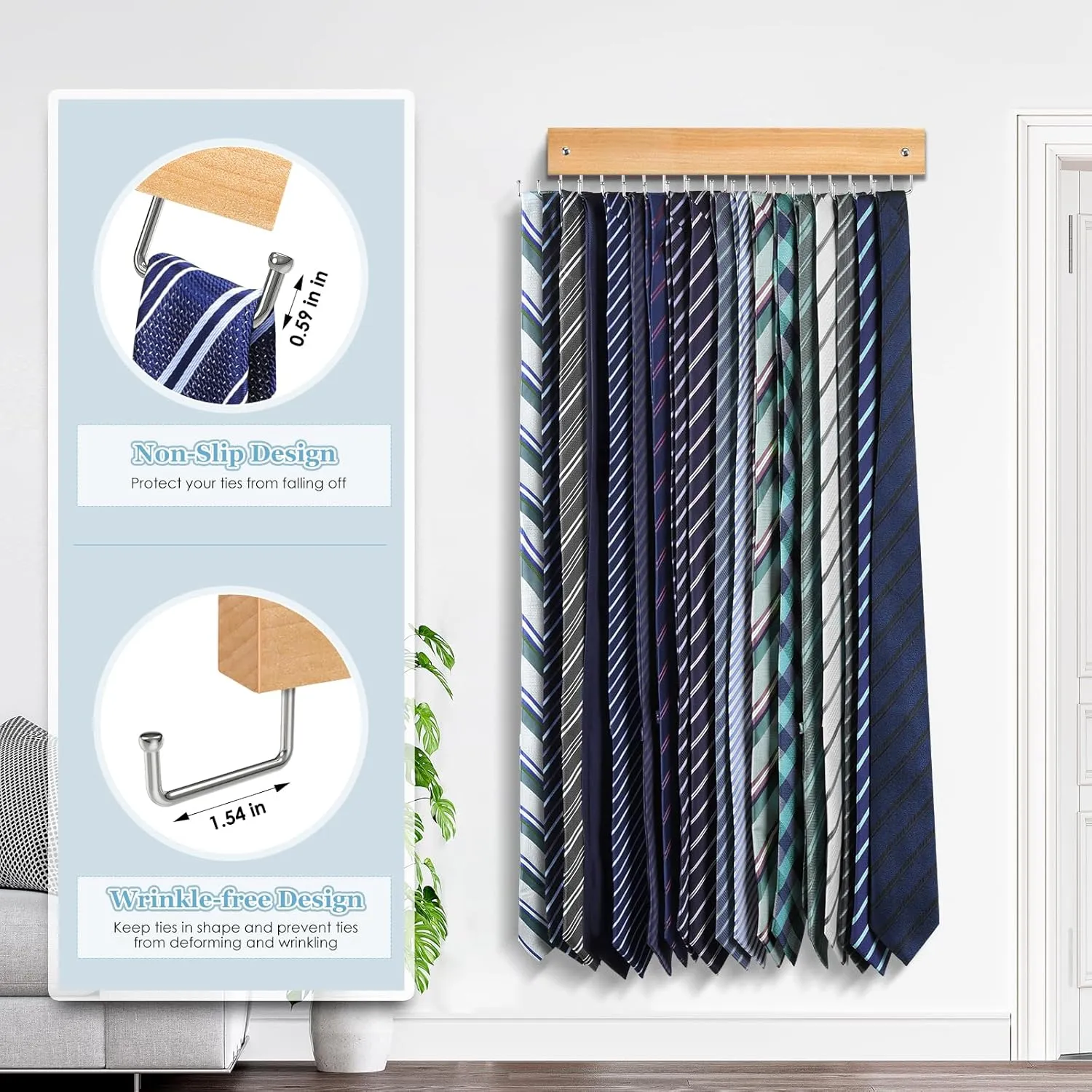 Tie Rack Belt Hanger Wall Mounted, Lomrsiul Non Slip 180 Degree Rotating Tie Organizer for Men Closet with 18 Hooks Closet Organizers and Storage for Tie Belt Necklace Purse Scarf Bag Natural 1 Pack