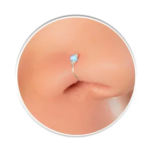 Tiny Blue Opal Sterling Silver Nose Ring - 24 Gauge Dainty Handmade Opal Nose Hoop Ring Silver Snug - 925 Sterling Silver Nose Piercing For Women - Elegant Design - Comes with Gift Packaging