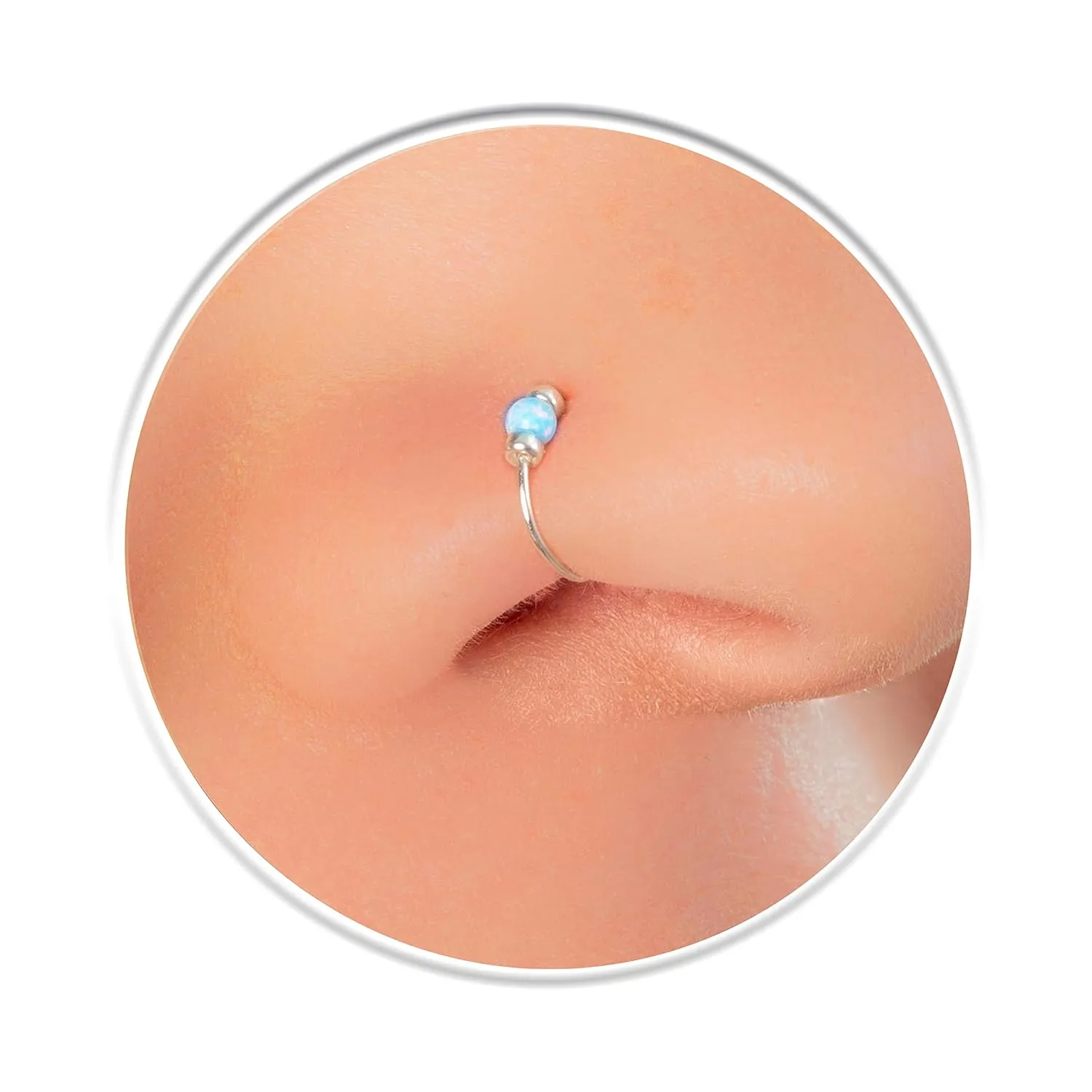Tiny Blue Opal Sterling Silver Nose Ring - 24 Gauge Dainty Handmade Opal Nose Hoop Ring Silver Snug - 925 Sterling Silver Nose Piercing For Women - Elegant Design - Comes with Gift Packaging