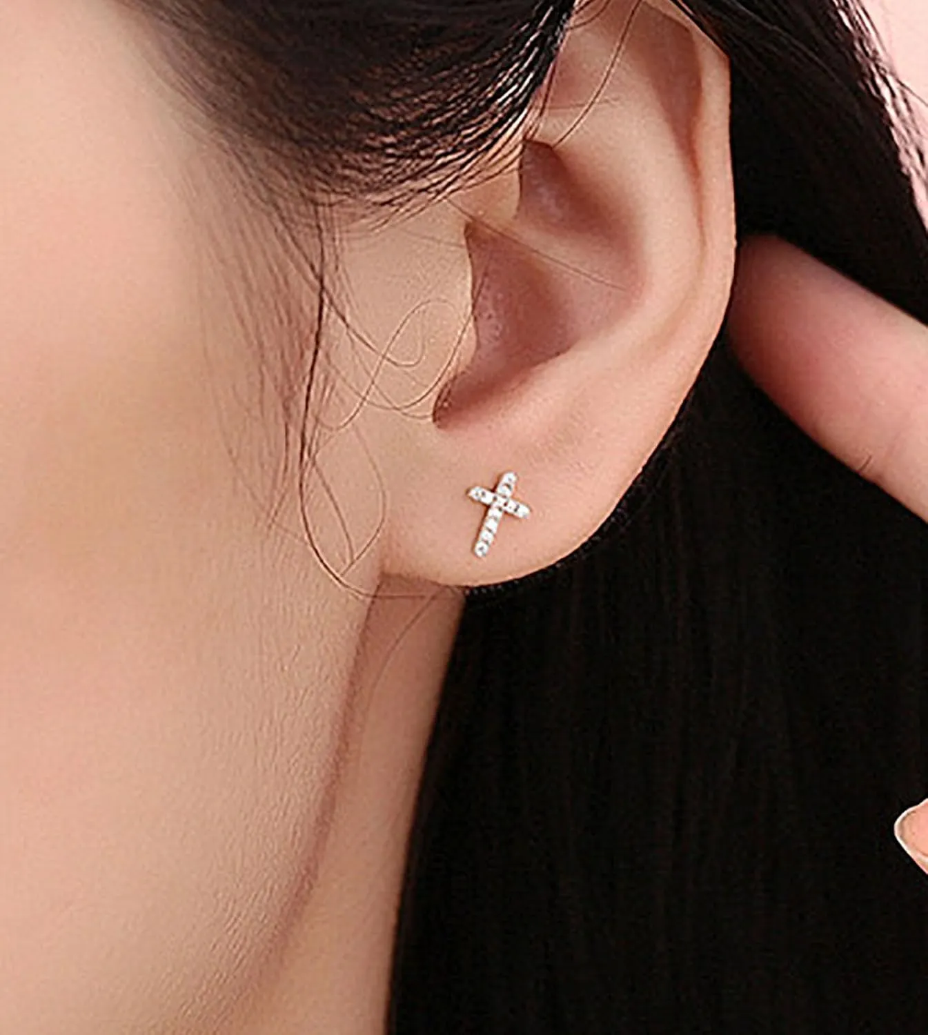 Tiny Cross Stud Earrings, 14K Gold Plated CZ Silver Earrings, Hypoallergenic Minimalist Small Stud Earrings for Women Men
