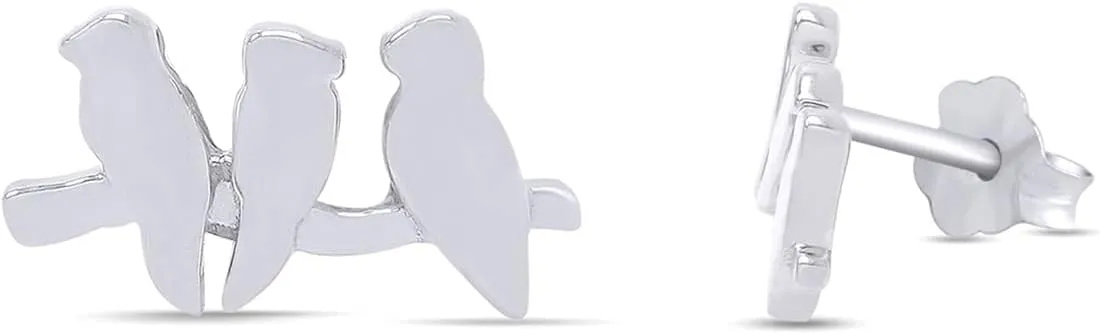 Tiny Lovely Three Birds Line Post Stud Earrings Jewelry For Women in 14k Gold Plated Sterling Silver With Push Back