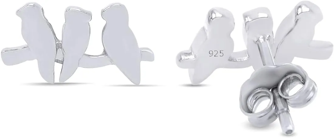 Tiny Lovely Three Birds Line Post Stud Earrings Jewelry For Women in 14k Gold Plated Sterling Silver With Push Back