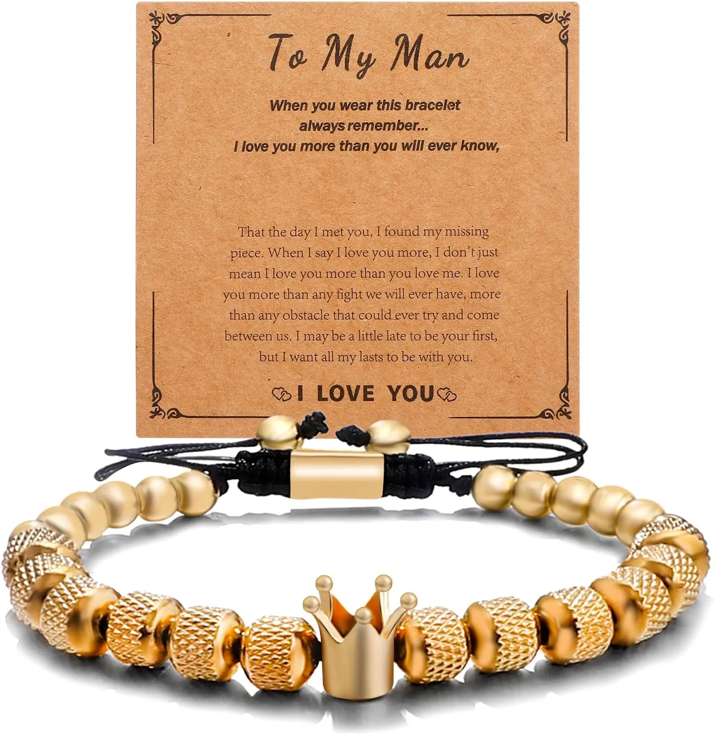 To My Man- Straighten Your Crown Bracelet Gift,to My Man Bracelet Gifts for Men, Adjustable Stainless steel Crown Bracelets for Husband Boyfriend, Valentine Birthday Christmas Gifts for Men