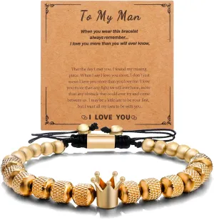To My Man- Straighten Your Crown Bracelet Gift,to My Man Bracelet Gifts for Men, Adjustable Stainless steel Crown Bracelets for Husband Boyfriend, Valentine Birthday Christmas Gifts for Men