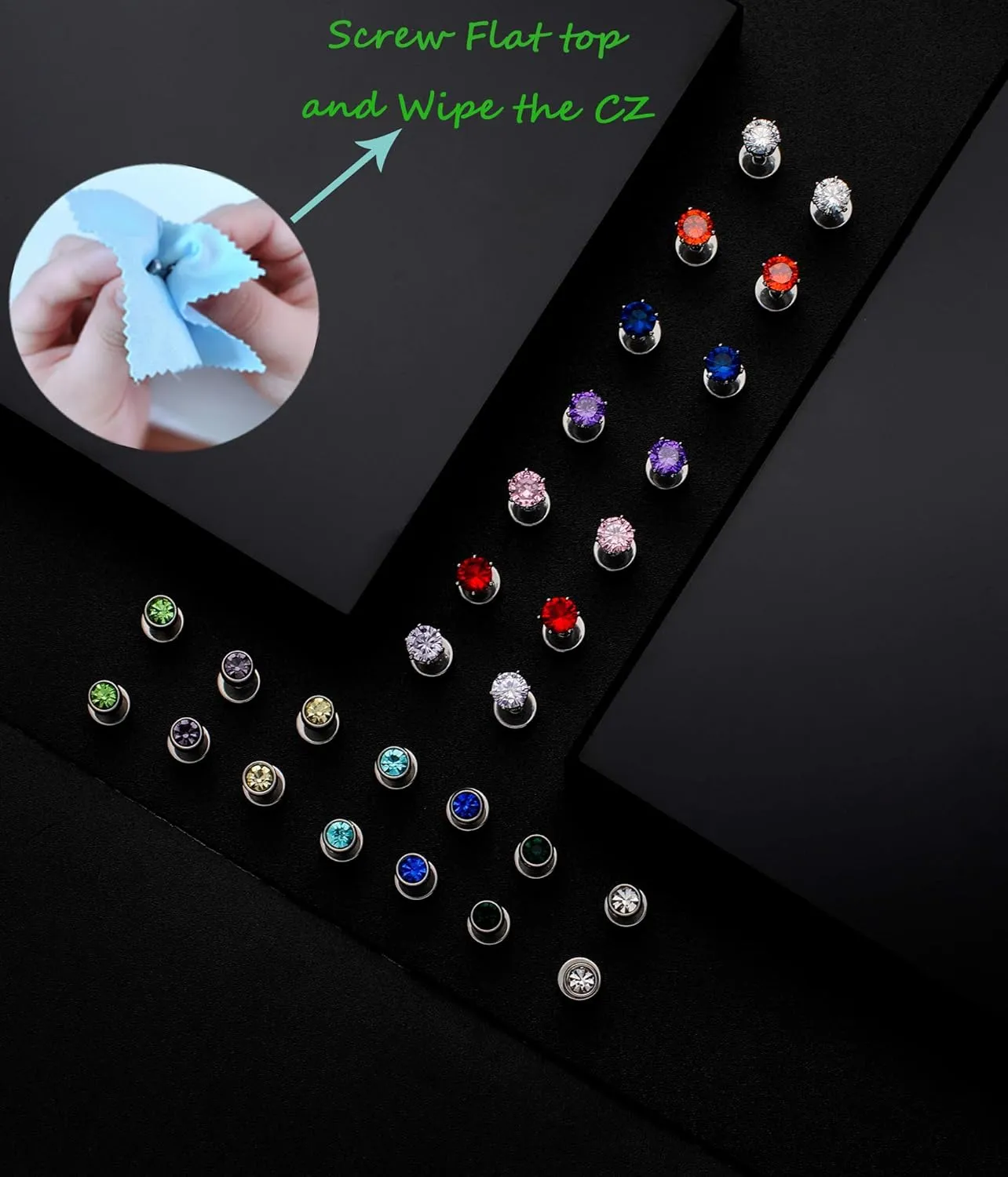 Tornito 7-14 Pairs Stainless Steel CZ Stud Earrings for Women Multicolor Cubic Zirconia Cartilage Helix Earrings Set Screwback 4MM