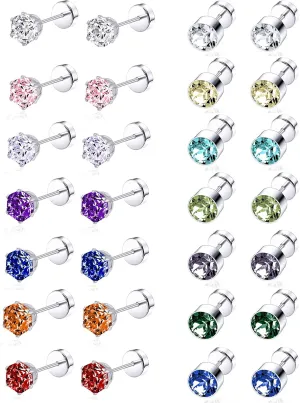 Tornito 7-14 Pairs Stainless Steel CZ Stud Earrings for Women Multicolor Cubic Zirconia Cartilage Helix Earrings Set Screwback 4MM