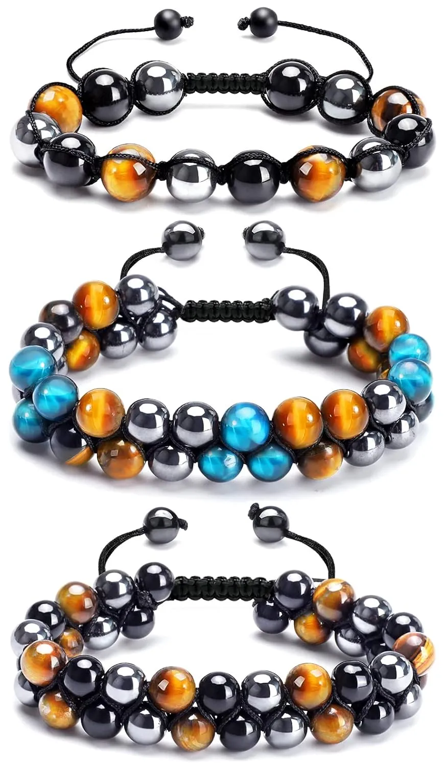 Triple Protection Bracelet for Men Women 2pcs Handmade Bracelets for Men Tiger Eye Black Obsidian Bracelet Gifts for Men (Yellow&Blue&Handmade)