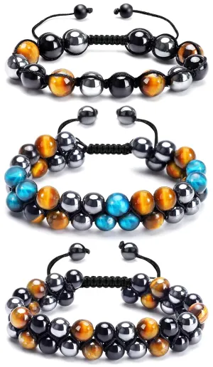 Triple Protection Bracelet for Men Women 2pcs Handmade Bracelets for Men Tiger Eye Black Obsidian Bracelet Gifts for Men (Yellow&Blue&Handmade)