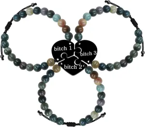 Uloveido 3pcs Adjustable Indian Agate Beaded Bracelet for Best Friends Mom Dad, Black Stainless Steel Puzzle Heart Bracelets for 3, Friend and Family Commemorative Gift Y4110-Y4113