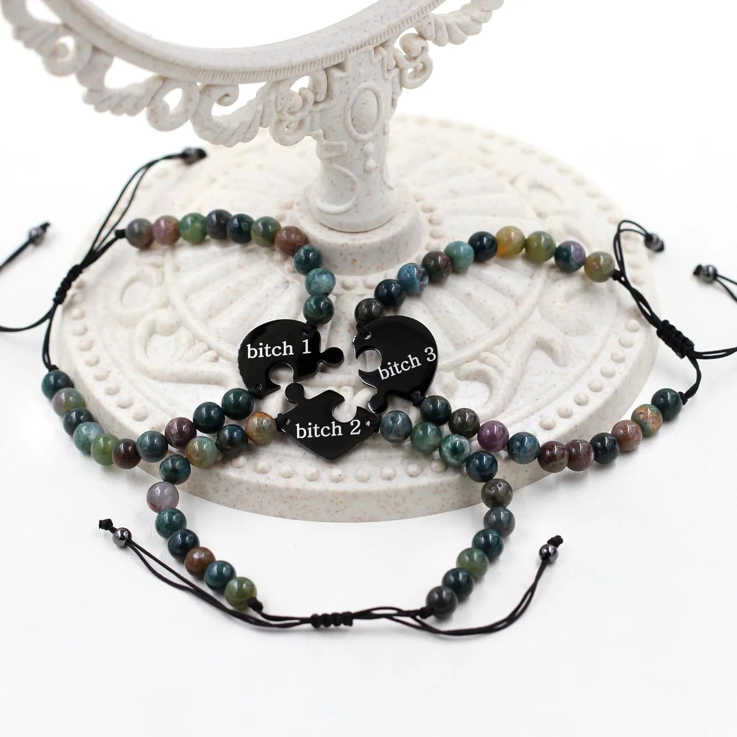 Uloveido 3pcs Adjustable Indian Agate Beaded Bracelet for Best Friends Mom Dad, Black Stainless Steel Puzzle Heart Bracelets for 3, Friend and Family Commemorative Gift Y4110-Y4113