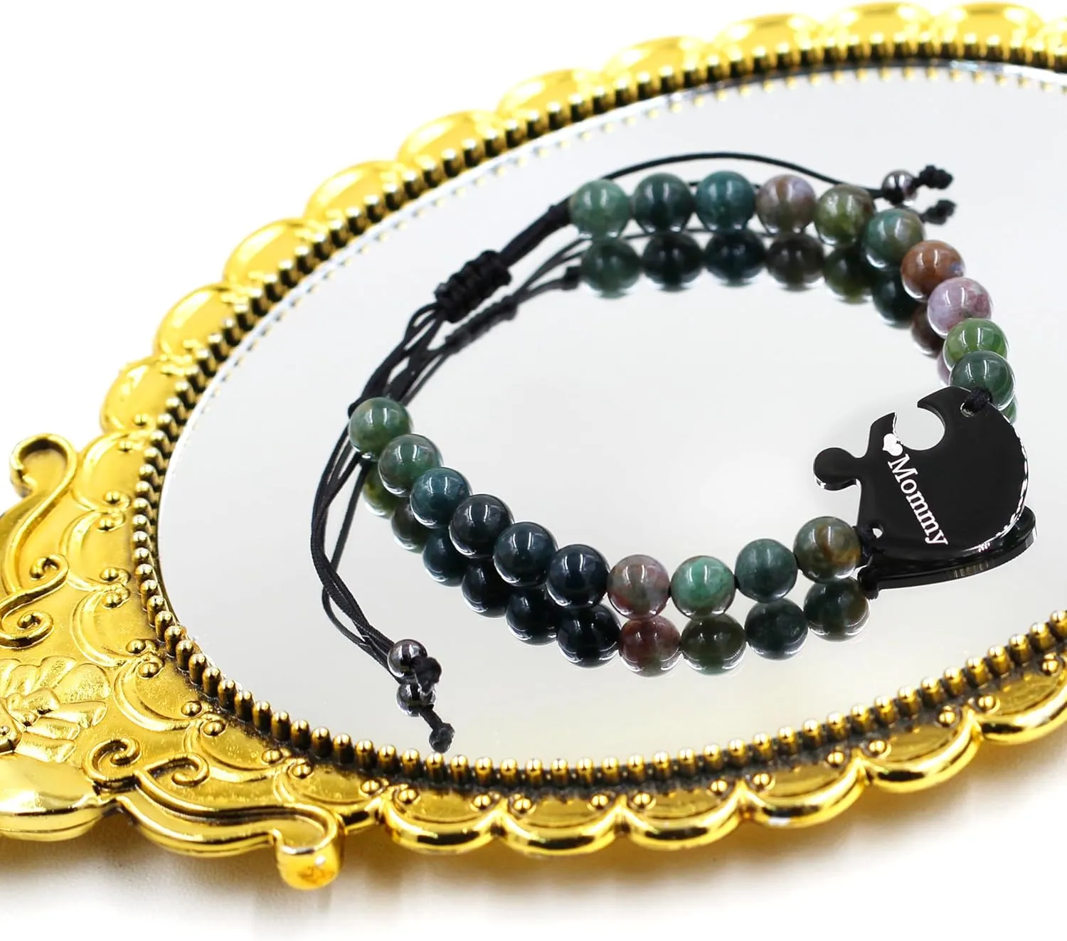 Uloveido 3pcs Adjustable Indian Agate Beaded Bracelet for Best Friends Mom Dad, Black Stainless Steel Puzzle Heart Bracelets for 3, Friend and Family Commemorative Gift Y4110-Y4113